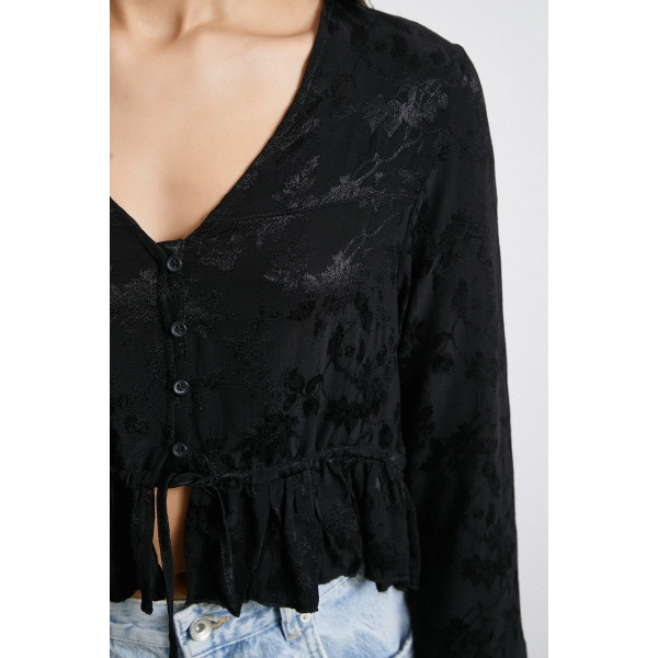 V Yaka Fırfırlı Bluz Siyah
