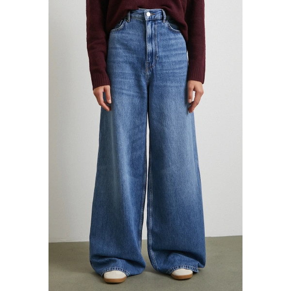 Yüksek Bel Geniş Paça Beş Cepli Jean Mavi