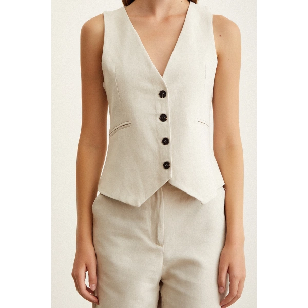 Astarlı Keten Yelek Bej