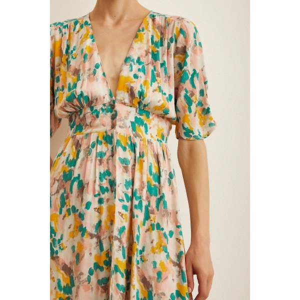 Çiçek Desen V Yaka Elbise Sarı