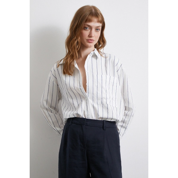 Çizgili Cepli Gömlek İndigo