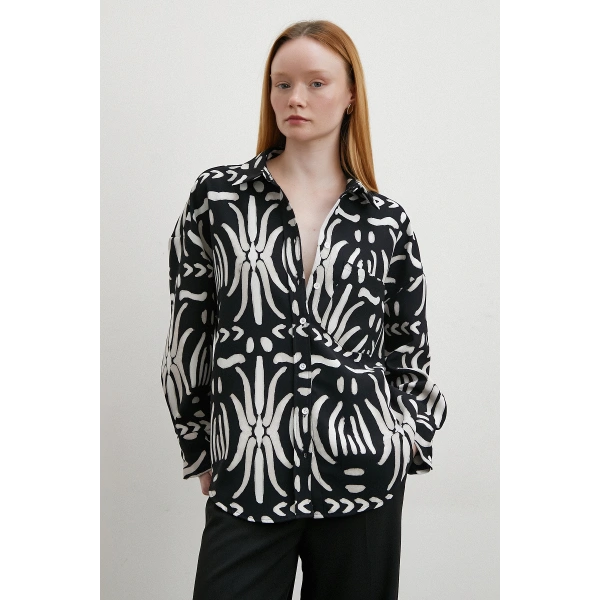 Kontrast Etnik Desen Krep Gömlek Siyah