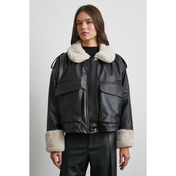 Körüklü Cep Deri Mont Siyah