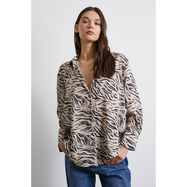 Zebra Desen V Yaka Gömlek Taş