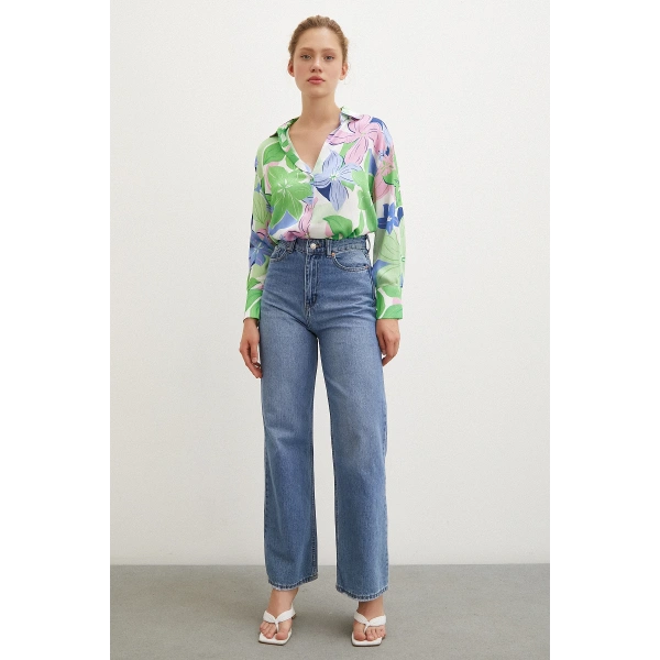 Çiçek Desen Saten Gömlek Yeşil