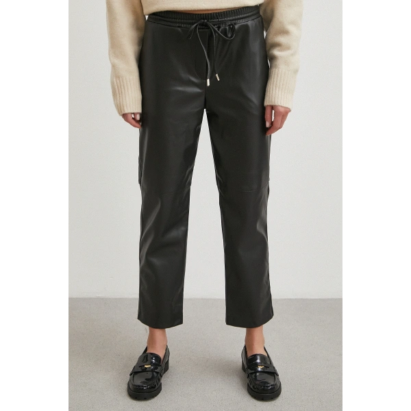 Kemerli Lastikli Deri Pantolon Siyah