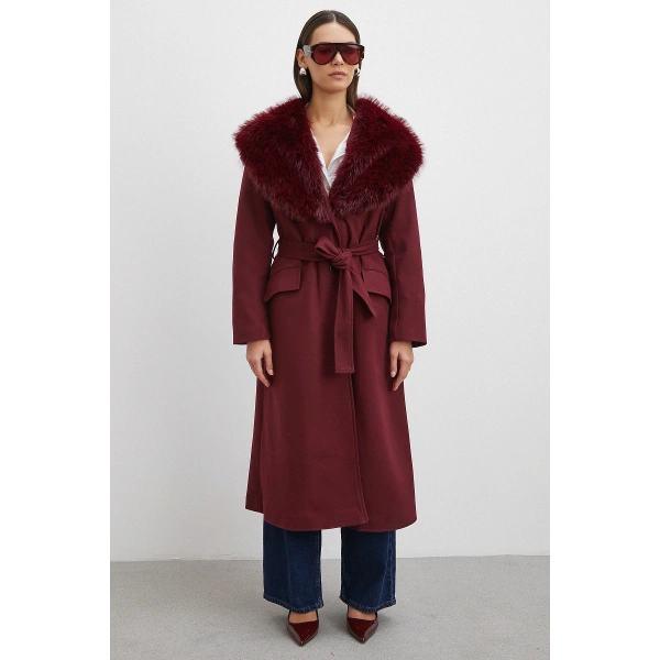 Kürk Yaka Kuşaklı Kaşe Kaban Bordo