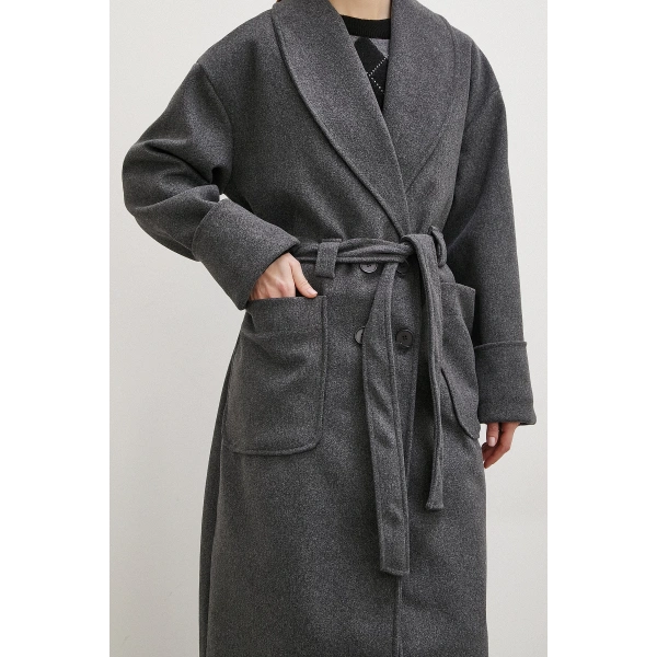 Kuşaklı Şal Yaka Kaban Antirasit