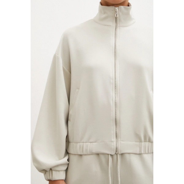 Fermuarlı Sweatshirt Taş