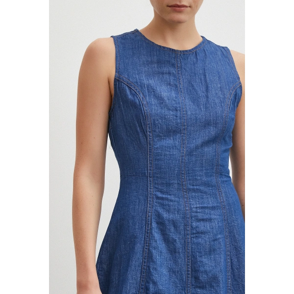 Bisiklet Yaka Kolsuz Premium Uzun Kot Elbise Lacivert