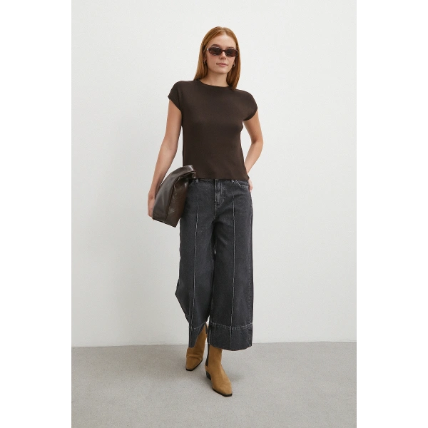 Yüksek Bel Paça Detaylı Jean Füme