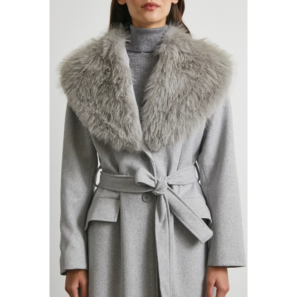 Kürk Yaka Kuşaklı Kaşe Kaban Gri