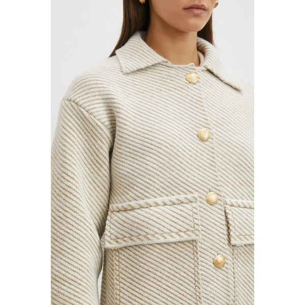 Polo Yaka Cepli Gold Düğmeli Ceket Krem