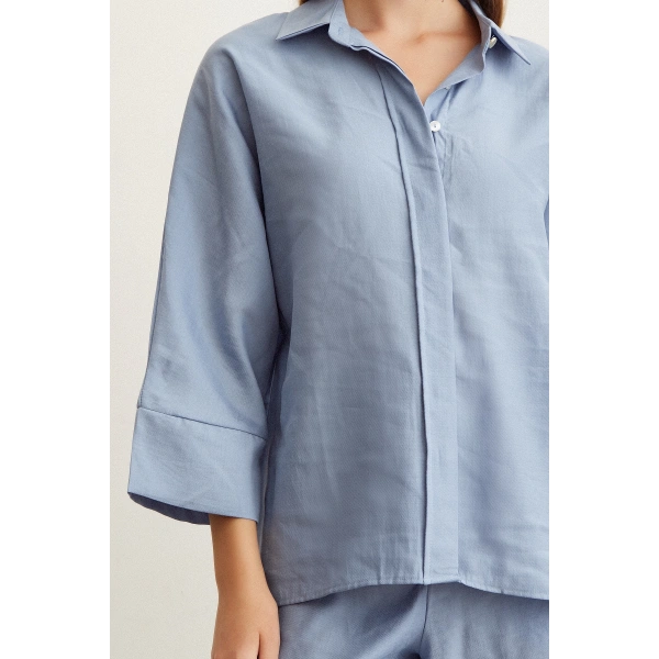 Yarasa Kol Keten Gömlek Mavi