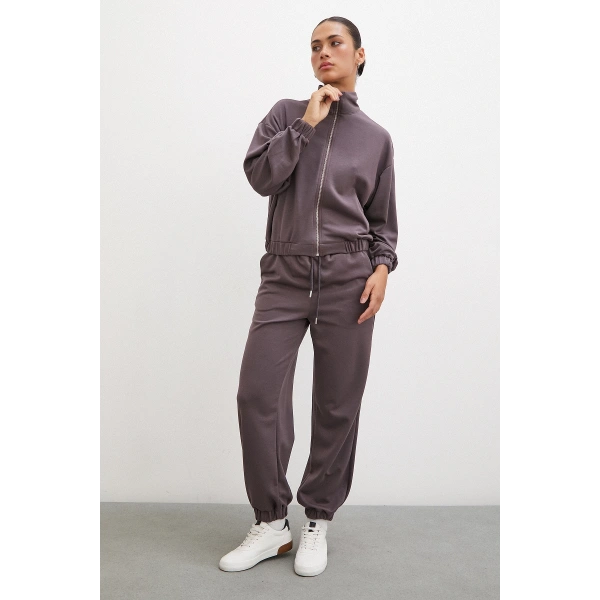 Lastikli Cepli Eşofman Altı Kahve