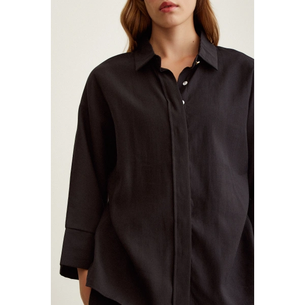Yarasa Kol Keten Gömlek Siyah