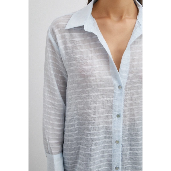 Kabartma Çizgili Gömlek Mavi