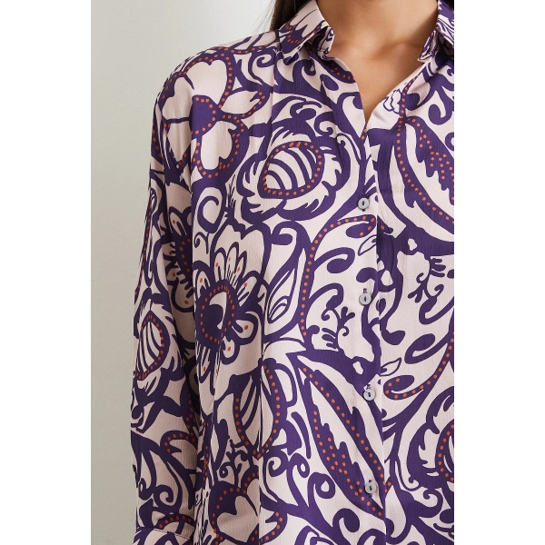 Çiçek Desenli Saten Gömlek Mor