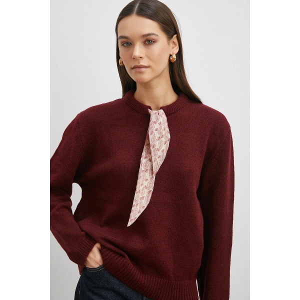 Fularlı Uzun Kollu Kazak Kahve