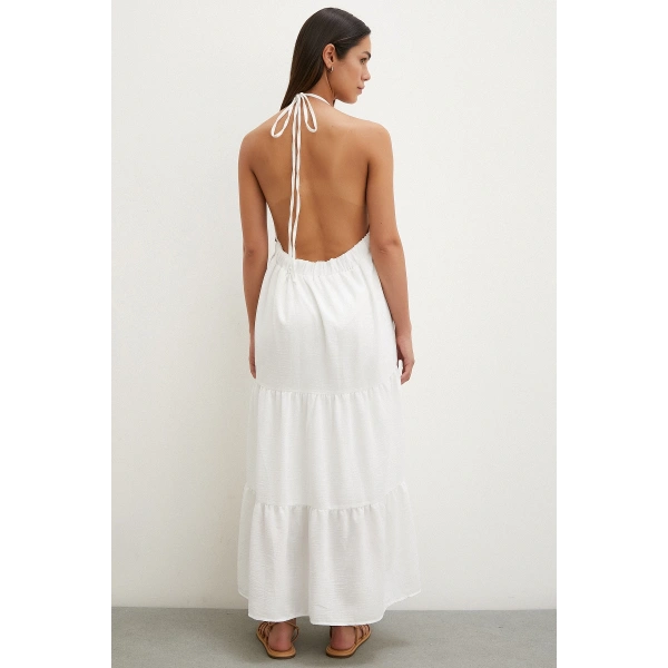 Boncuk Detay Keten Elbise Beyaz