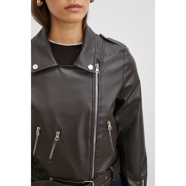 Beli Kemerli Fermuarlı Deri Ceket Kahve