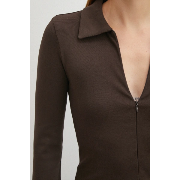 Yakalı Çift Fermuarlı Bluz Kahve