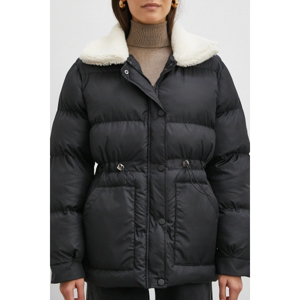 Kürk Yakalı Şişme Mont Siyah