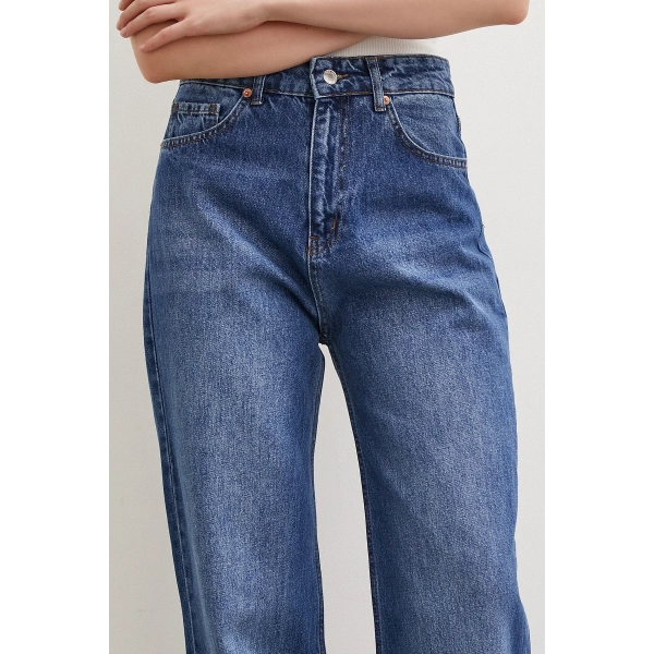 Yüksel Bel Jean Kesik Geniş Paça Mavi