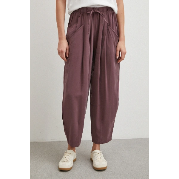 Bağcıklı Beli Lastikli Pileli Pantolon Mürdüm