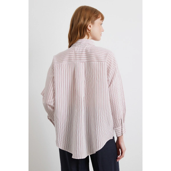 Simetrik Çizgili Gömlek Bordo