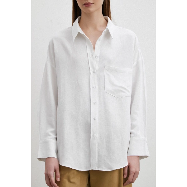 Keten Karışımlı Linen Prunes Gömlek Beyaz