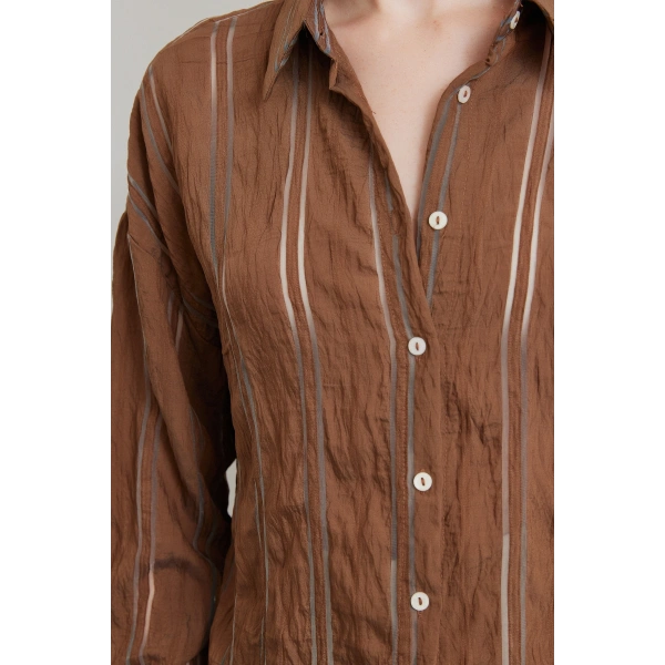 Organze Çizgili Gömlek Kahve