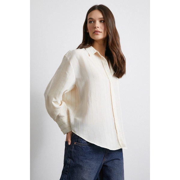 Kontrast Çizgili Modal Gömlek Bej