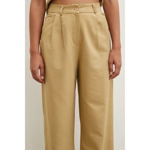 Boru Paça Yüksek Bel Keten Pantolon Camel