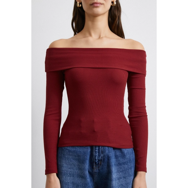 Omzu Açık Kaşkorse Bluz Bordo