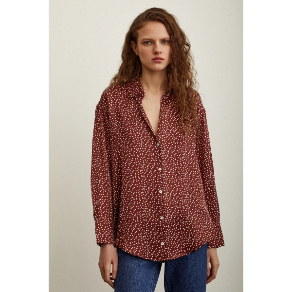 Puantiye Desenli Saten Gömlek Kiremit