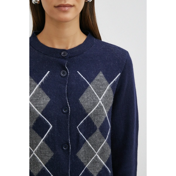 Düğmeli Baklava Desenli Hırka Lacivert