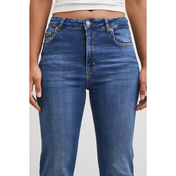 Yüksek Bel İspanyol Paça Jean Mavi