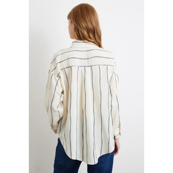 Çizgili Modal Gömlek İndigo