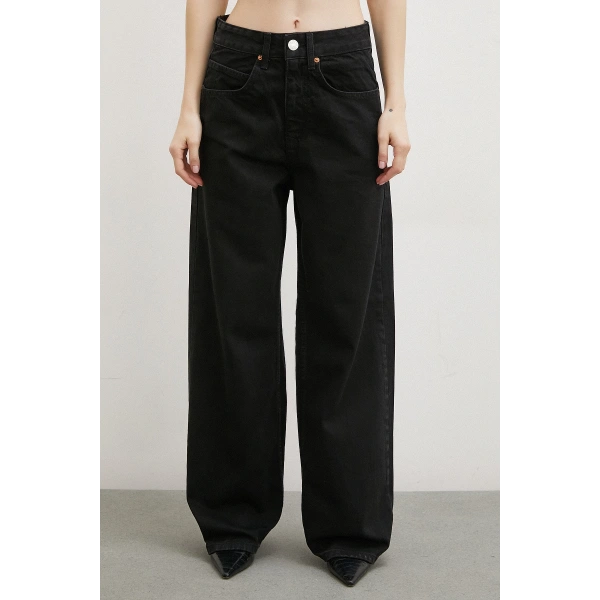 Yüksek Bel Geniş Paça Jean Siyah