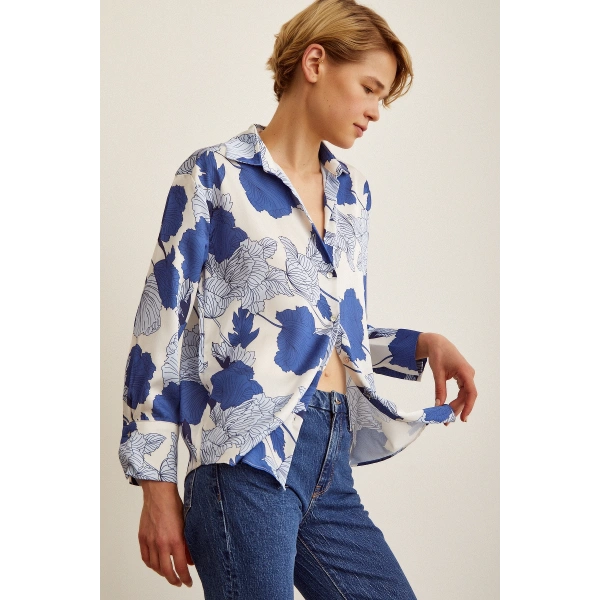 V Yaka Saten Gömlek Mavi