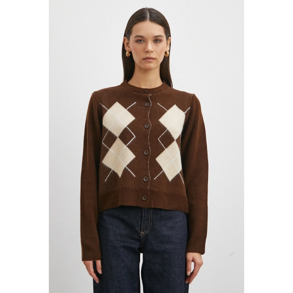 Düğmeli Baklava Desenli Hırka Kahve