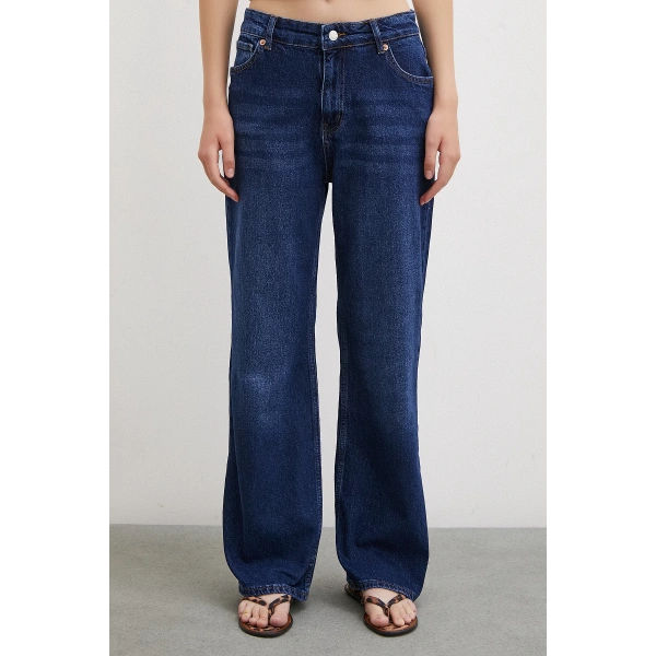 Yüksel Bel Wide Leg Jean Lacivert