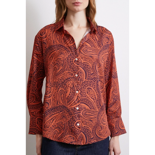 Desenli Gofret Saten Gömlek Turuncu