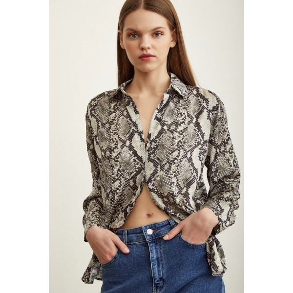 Yılan Desen Saten Gömlek Taş