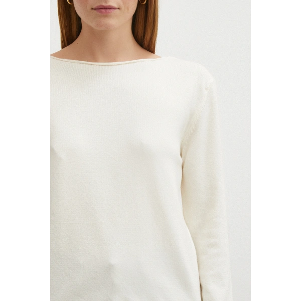 Kayık Yaka Uzun Kol Kazak Ekru