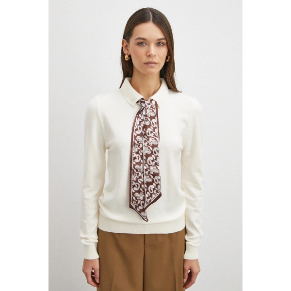 Fularlı Polo Yaka Kazak Ekru