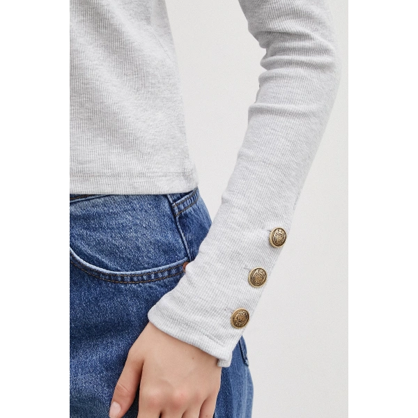 Kollu Düğmeli Bluz Gri