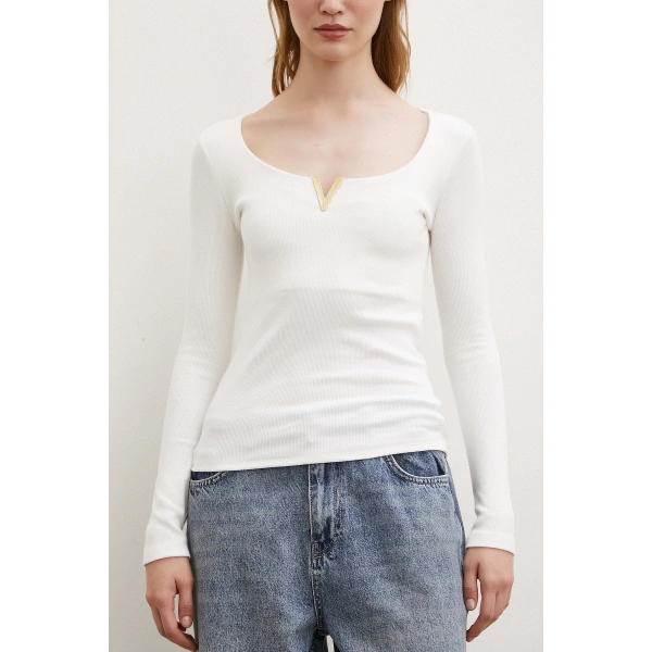 V Dekolteli Uzun Kollu Bluz Beyaz