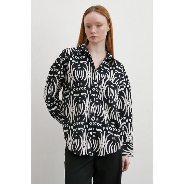 Krep Kontrast Desenli Gömlek Siyah